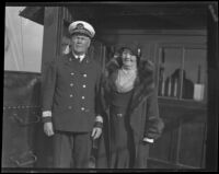 Captain Fred Anderson and his wife on the deck of the Diana Dollar, San Pedro, 1923