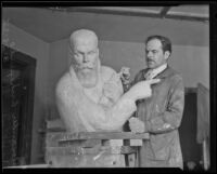 Alexander Archipenko at work on a portrait bust of the Ukranian poet Taras Shevchenko, Los Angeles, 1937