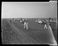 Stock cars stopped on the track at Mines Field, Los Angeles, 1934