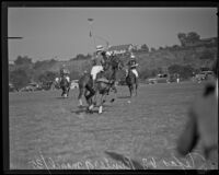 Polo match between Texas and Riviera, the local team, at the Uplifter's Ranch polo field in Rustic Canyon, Los Angeles, 1935
