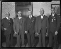 A. J. Wallace, Friend W. Richardson, C. C. Young, William D. Stephens and Buron Fitts pose during a party rally for Herbert Hoover, Los Angeles, 1928