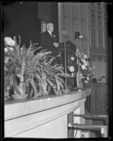 Governor James Rolph speaking at podium, Los Angeles, between 920-1939