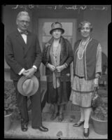 Maude Royden shakes hands with Dr. Frank Dyer as Mabel Dyer looks on, Pasadena, 1928