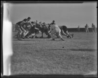Rugby teams scrum during a match between Hollywood and Los Angeles, Los Angeles, [between 1920-1939]