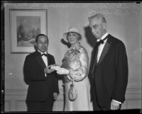 Japanese Consul Toshito Satow with Rosemonde Rae Wright and W. J. Cleudenon, Los Angeles, 1929