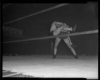 Wrestler Joe Savoldi versus Vincent Lopez, probably at the Olympic, Los Angeles, 1935