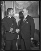 Police chief Roy Steckel shakes hands with General Eoin O'Duffy, police commissioner of the Irish Free State, Los Angeles, 1932