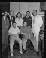 Norris Stensland, Joe Taylor, Blayney Matthews and William Bright pose with suspects arrested for the kidnapping of John and Elaine Jeske, Los Angeles, [1934]