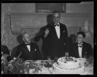 Norman A. Tulk. Charles R. Gay. McClarty Harbison at the anniversary dinner of the Los Angeles Stock Exchange, Los Angeles, 1935