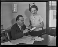 Roy S. Stockton, Chief of the State Division of Employment Service, with Jean Milovich, Los Angeles, 1935