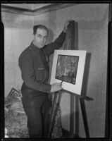 Fred W. Simpson with one of his landscape paintings, Los Angeles, 1935