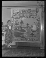 Mary L. Jack standing next to a quilt that she made, Sierra Madre, 1935