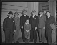 Congressmen Martin J. Kennedy, Claude Albert Fuller, Francis D. Culkin, and Charles Kramer, along with attorney Peter C. Borre and special investigator Murray W. Garsson, plus Kennedy's son, John, Los Angeles, 1935