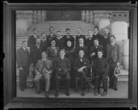 Los Angeles Times city staff pose for a portrait on the steps of City Hall, Los Angeles, 1904 (copy print 1936)