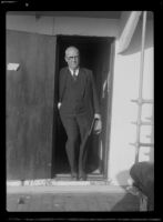 Harry Carr, Los Angeles Times reporter, editor and columnist, arriving from Europe, Los Angeles, 1934