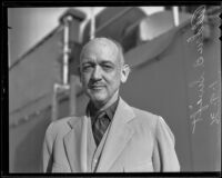 Alden B. Swift, packing executive, at the port of Los Angeles before leaving for Antipodes, San Pedro, 1936