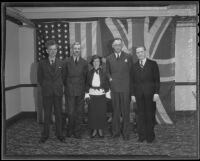Patrick MacGill,  Francis Evans , Carmen Balfour, Lord Annesley, and Robert W. Major perhaps at the British Consulate, Los Angeles, 1936