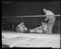 Wrestling match between Ernie "Dirty" Dusek and Vincent López, Olympic Auditorium, Los Angeles, 1935