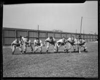 Bruins varsity line charges at Spaulding Field at U.C.L.A., Los Angeles, 1932