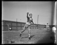 Bruins football player throwing at Spaulding Field at U.C.L.A., Los Angeles, 1932