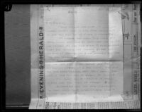 Ransom note sent to Perry M. Parker, father of kidnap victim Marion Parker, from William Edward Hickman, Los Angeles, 1927