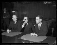 Lloyd Yarrow (investigator), Leslie B. Henry (accused) and Judson Harold (attorney) in court, Los Angeles, 1932-33 or 1936
