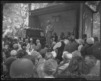 Samuel Shortridge, California Senator from Iowa, speaking at the annual midsummer Iowa Picnic in Bixby Park, Long Beach, 1926