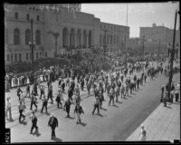 Labor day parade on Spring Street, passing City Hall, Los Angeles, 1934