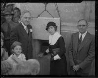 John C. Porter, Nell Jeffrey and Cecil Wilcox at the corner stone laying ceremony of the City Hall,