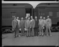 John Thomas, senator from Idaho, and John C. Porter, mayor of Los Angeles, at a train station, Los Angeles, 1929-1933