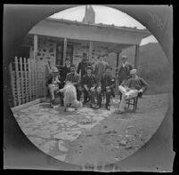 William Sachtleben seated with 8 English employees at the Lidjessy Mines, Şebinkarahisar vicinity, Turkey, 1891