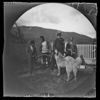 Bachelor Creswell with 2 servants, a kavass and a dog at the Lidjessy Mines, Şebinkarahisar, Turkey, 1891
