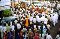 Baraat wedding procession - Basavanneppa Band leads the procession into traffic, Belgaum (India), 1984