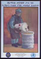 Man handling barrels of hazardous materials [descriptive]