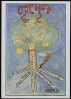 Poster in Amharic depicting a fruit-bearing tree and its roots, with a pair of hands holding a fountain pen [descriptive]
