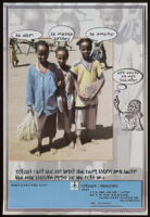 Poster chiefly in Amharic depicting three barefoot girls standing on dirt and holding papers [descriptive]