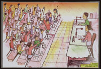 Poster depicts a panel composed of a male and female sitting in front of rows of other males and females, some of whom are raising their hands [descriptive]