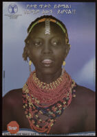 Poster chiefly in Amharic depicting a woman in traditional beaded jewelry, with a "stop" sign beside her [descriptive]