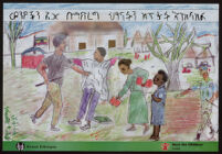 Poster chiefly in Amharic depicting a man pushing a boy, a woman dropping a book, a girl in a blue dress, and a police officer [descriptive]
