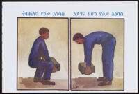 Man demonstrates proper and improper lifting techniques [descriptive]