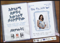 Poster in Amharic of an open diary or schedule planner featuring a photograph of a pregnant woman in a cream and blue paisley dress [descriptive]