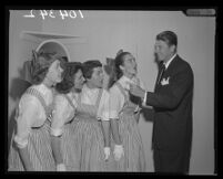 UCLA's Delta Zeta quartet singing for Ronald Reagan, Hollywood Bowl, Los Angeles, 1957