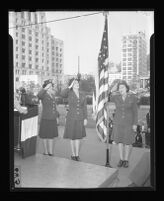 Three female veterans on Army Day, City Hall, Los Angeles, 1944