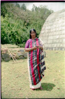 Toda woman wearing a traditional Toda shawl pukhoor, Udagamandalam (India), 1984