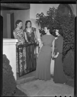 Harrett Matson, Leonie Clos, Elizabeth Kerr, and Erlinda Sepulveda stand by a building, Los Angeles, 1936