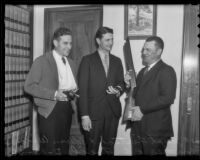 Joseph Firtsch, Edwin Wiggins, and Constable R. E. Foell at bank robbery hearing, El Monte, 1936