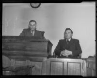 Frank F. Smith at witness stand beside Deputy Coroner Frank Monfort, Los Angeles, 1936