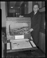 Edward Owen presents a model for fire prevention in the Santa Monica Mountains, Los Angeles, 1936