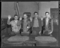 Jockeys Charles Stevenson, George Burns, Albert Gunari, and Floyd McCormick testify, Los Angeles, 1936
