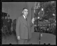 Harry M. Gage, President of Coe College, speaks at the Iowa Picnic in Lincoln Park, Los Angeles, 1936